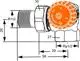 Thermostat-Ventilunterteil im rechten Winkel von IMI Hydronic Engineering, mit sichtbarem Einstellknopf und Anschluss für Rohrleitungen, dargestellt in technischen Dimensionen.